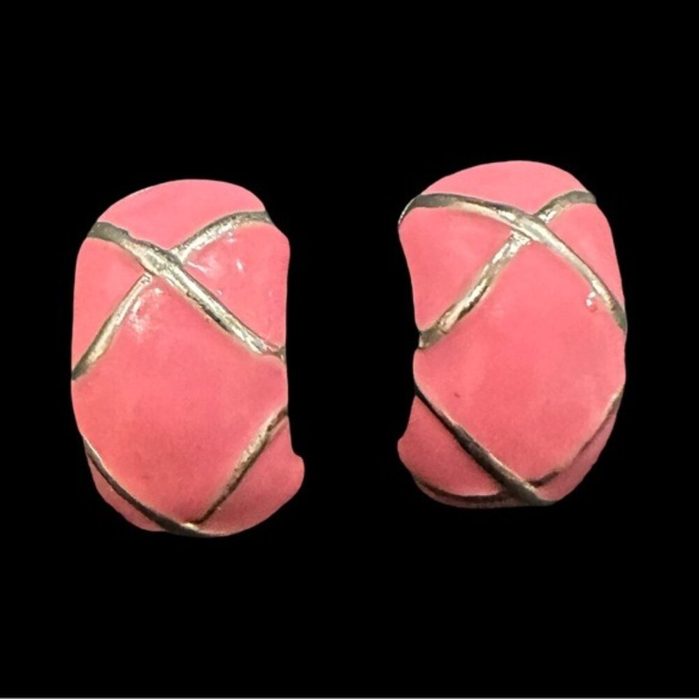 Vintage Clip On Earrings Pink Enamel Silver Tone